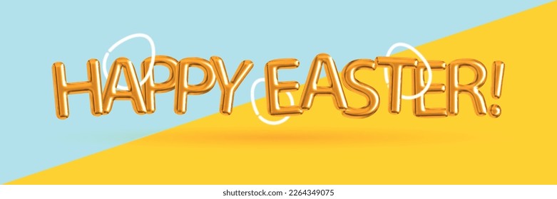 Vector realistic isolated golden balloons text of Happy Easter with neon eggs.