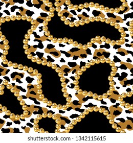 Vector Realistic isolated golden beads necklace and Leopard seamless pattern. Animal print. Vector background.animal skin, tiger stripes, abstract pattern, Gold pearls seamless