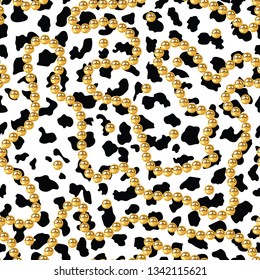 Vector Realistic isolated golden beads necklace and Leopard seamless pattern. Animal print. Vector background.animal skin, tiger stripes, abstract pattern, Gold pearls seamless