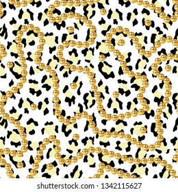 Vector Realistic isolated golden beads necklace and Leopard seamless pattern. Animal print. Vector background.animal skin, tiger stripes, abstract pattern, Gold pearls seamless