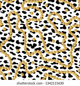Vector Realistic isolated golden beads necklace and Leopard seamless pattern. Animal print. Vector background.animal skin, tiger stripes, abstract pattern, Gold pearls seamless