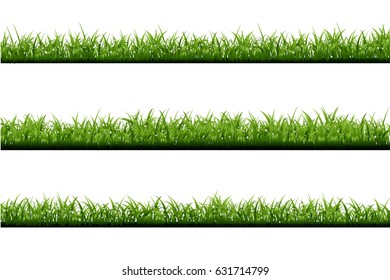 Vector realistic isolated green grass borders with dew on the white background for decoration.