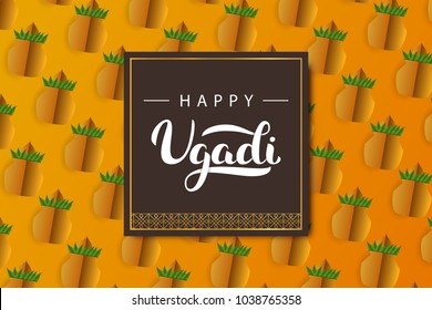 Vector realistic isolated greeting card with Ugadi lettering with origami kalash for decoration and covering on the orange background. Concept of Happy Ugadi Festival.