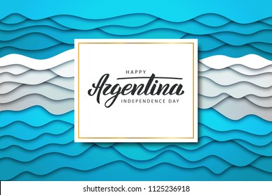 Vector realistic isolated greeting card with lettering and paper cut layer flag design for Argentina Independence Day.