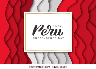 Vector realistic isolated greeting card with typography for 28th July Independence Day in Peru for decoration and covering on the paper cut layer flag background.