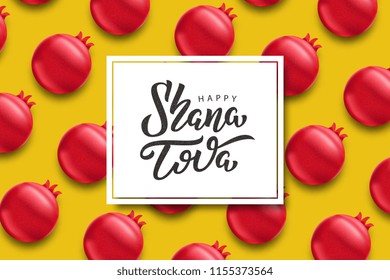 Vector realistic isolated greeting card with typography logo for Shana Tova for decoration and covering on the pomegranate background. Concept of Happy Rosh Hashanah.