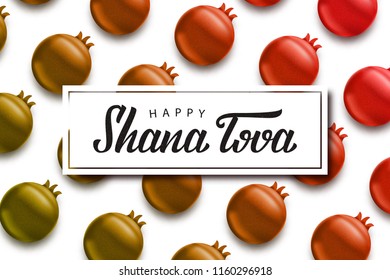 Vector realistic isolated greeting card with typography logo for Shana Tova for decoration and covering on the pomegranate background. Concept of Happy Rosh Hashanah.