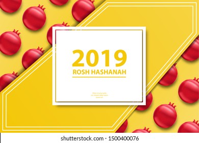 Vector realistic isolated greeting card with typography logo for Happy Rosh Hashanah for decoration and invitation covering on the pomegranate background. Concept of Shana Tova.