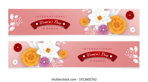 Vector realistic isolated greeting card for Womens Day holiday for decoration and covering on the pink knitting background. Concept of Happy Women's Day.