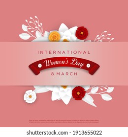 Tarjeta de saludo aislado vectorial realista para las vacaciones del Día de la Mujer para la decoración y cubierta sobre el fondo de tejido rosa.