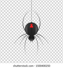 Vector Realistic Isolated Hanging Black Widow Spider For Template Decoration And Layout Covering On The Transparent Background. Concept Of Happy Halloween.