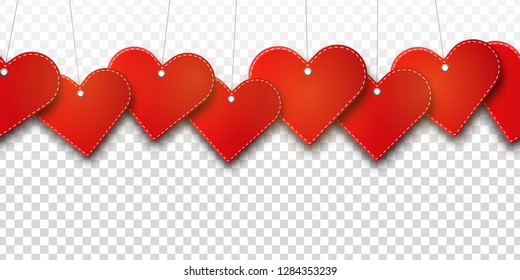 Vector realistic isolated hanging hearts seamless pattern for template decoration and covering on the transparent background. Concept of Happy Valentines Day.