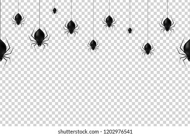 Vector realistic isolated hanging spiders seamless pattern for decoration and covering on the transparent background. Creepy background for Halloween.