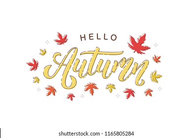 Vector realistic isolated Hello Autumn typography logo with thin line art design with red and orange maple and oak leaves for decoration and covering on the white background. Concept of Happy Autumn.