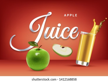 Vector realistic isolated illustration of apple and apple juice in glass. Ad poster with 3d effect of fresh beverage with splash. Healthy organic apple fruit and juice on red background.