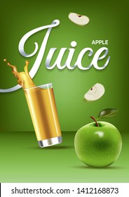 Vector realistic isolated illustration of apple and apple juice in glass. Ad poster with 3d effect of fresh beverage with splash. Healthy organic apple fruit and juice on green background.