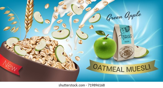 Vector realistic isolated illustration of bowl oatmeal muesli with apple. Healthy oatmeal muesli ad package with milk splash. Healthy granola food  for breakfast organic snack on blue background.