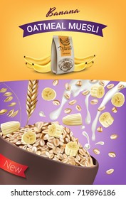 Vector realistic isolated illustration of bowl oatmeal muesli with banana. Healthy oatmeal muesli ad package with milk splash. Healthy granola food  for breakfast organic snack on colorful background.
