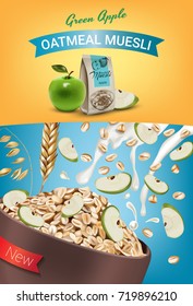 Vector realistic isolated illustration of bowl oatmeal muesli with apple. Healthy oatmeal muesli ad package with milk splash. Healthy granola food  for breakfast organic snack on colorful background.