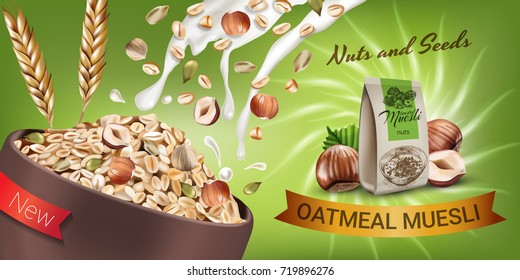 Vector realistic isolated illustration of bowl oatmeal muesli with hazelnuts and seeds. Healthy oatmeal muesli ad package with milk splash. Healthy granola food  for breakfast organic snack.