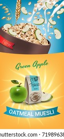 Vector realistic isolated illustration of bowl oatmeal muesli apple. Healthy oatmeal muesli ad package with milk splash. Healthy granola for breakfast organic snack on colorful background.