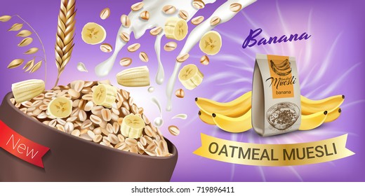 Vector realistic isolated illustration of bowl oatmeal muesli with banana. Healthy oatmeal muesli ad package with milk splash. Healthy granola food  for breakfast organic snack on lilac background.