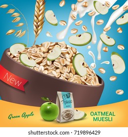 Vector realistic isolated illustration of bowl oatmeal muesli with apple. Oatmeal muesli ad package with milk splash. Healthy granola for breakfast organic snack on colorful background.