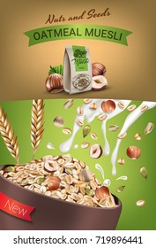 Vector realistic isolated illustration of bowl oatmeal muesli with hazelnut and seeds. Oatmeal muesli ad package with milk splash. Healthy granola for breakfast organic snack on colorful background.