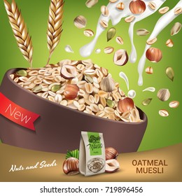 Vector realistic isolated illustration of bowl oatmeal muesli with hazelnut and seeds. Oatmeal muesli ad package with milk splash. Healthy granola for breakfast organic snack on green background.