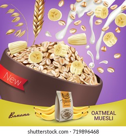 Vector realistic isolated illustration of bowl oatmeal muesli with banana. Oatmeal muesli ad package with milk splash. Healthy granola for breakfast organic snack on lilac background.