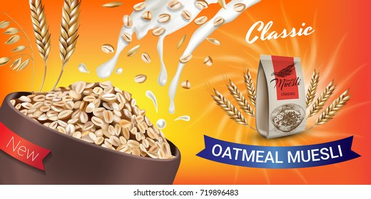 Vector realistic and isolated illustration of bowl oatmeal muesli. Classic oatmeal muesli ad package with milk splash. Healthy granola for breakfast and lunch organic snack on orange background