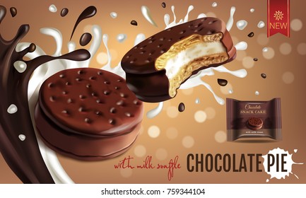 Vector realistic isolated illustration of choco pie with milk souffle. Chocolate coated marshmallow. Ad package of chocolate pie with chocolate and milk splashes on bokeh background.