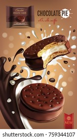 Vector realistic isolated illustration of choco pie with milk souffle. Chocolate coated marshmallow. Ad package of chocolate pie with chocolate and milk splashes on bokeh background.