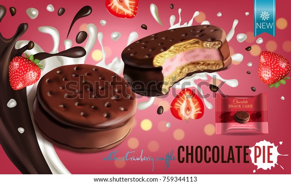 ミルクスフル付きチョコパイのベクター画像のリアルなイラスト チョコレートにイチゴを塗ったマシュマロ ボケ背景にチョコレートとミルクの飛び散りを入れた チョコレートパイのパッケージ のベクター画像素材 ロイヤリティフリー