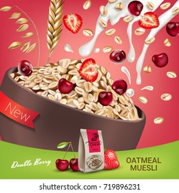 Vector realistic isolated illustration of double berry bowl oatmeal muesli with cherry and strawberry. Oatmeal muesli ad package with milk splash. Healthy granola food for breakfast organic snack.