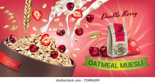 Vector realistic isolated illustration of double berry bowl oatmeal muesli with cherry and strawberry. Oatmeal muesli ad package with milk splash. Healthy granola food for breakfast organic snack.