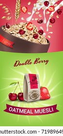 Vector realistic isolated illustration of double berry bowl oatmeal muesli with cherry and strawberry. Oatmeal muesli ad package with milk splash. Healthy granola food for breakfast organic snack.
