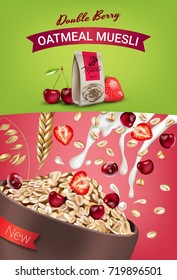 Vector realistic isolated illustration of double berry bowl oatmeal muesli with cherry and strawberry. Oatmeal muesli ad package with milk splash. Healthy granola organic snack for breakfast.