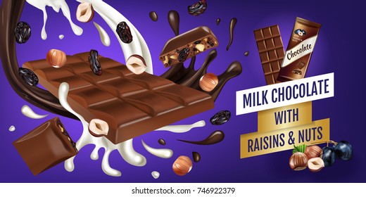 Vector realistic isolated illustration of milk chocolate bar with hazelnut and raisins. Ad illustration of dark chocolate with grape and nuts . Healthy sweet cocoa snack on transparent background.