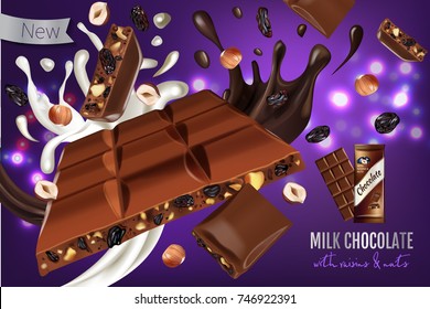 Vector realistic and isolated illustration of milk chocolate bar with hazelnut and raisin. Ad package of chocolate with milk and chocolate splash. Healthy sweet cocoa snack on lilack bokeh background.