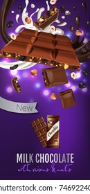 Vector realistic and isolated illustration of milk chocolate bar with hazelnut and raisin. Ad package of chocolate with milk and chocolate splash. Healthy sweet cocoa snack on lilack bokeh background.