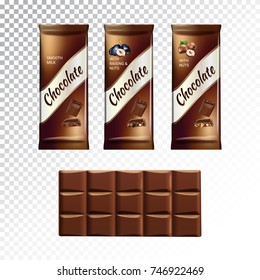 Vector realistic and isolated illustration of milk chocolate with hazelnut, raisin and grape. Ad package of milk chocolate and chocolate bar. Healthy sweet cocoa snack on transparent background.