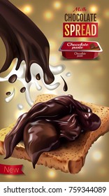 Vector realistic isolated illustration of milk chocolate spread. Sweet sandwich with chocolate cream spread and bar of chocolate at breakfast. Ad package with chocolate and milk splashes on bokeh back