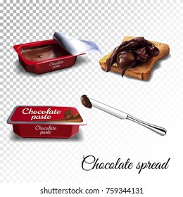 Vector realistic isolated illustration of milk chocolate spread. Sweet sandwich with chocolate cream spread and caramel at breakfast. Ad package on transparent background.