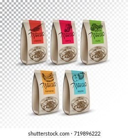 Vector realistic isolated illustration of oatmeal muesli packages. Healthy oatmeal muesli ad package with different kinds of taste. Healthy granola food for breakfast snack on transparent background.