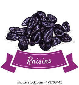 Vector realistic isolated illustration of raisins. Sweet dryed fruits and organic dessert for health. Agricultural organic raisins on white background.