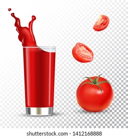 Vector realistic isolated illustration of tomato juice in glass and tomato fruits. Ad poster with 3d effect of fresh beverage with splash. Healthy organic tomatoes and juice on transparent background.