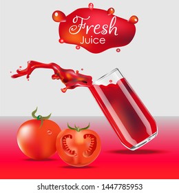 Vector realistic isolated illustration of tomato juice in glass and tomato fruits.  Tomato juice splash from falling glass. Ad poster with 3d effect of fresh beverage with splash. Healthy organic toma