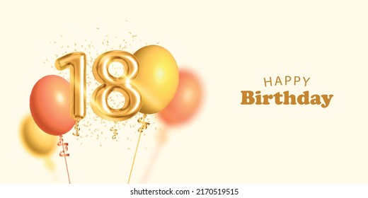 Tarjeta de invitación aislada vectorial realista para Feliz Cumpleaños con 18 números de globo dorado y confeti.