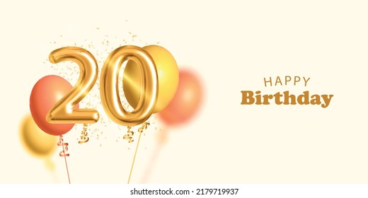Tarjeta de invitación aislada vectorial realista para Feliz Cumpleaños con 20 números de globo dorado y confeti.